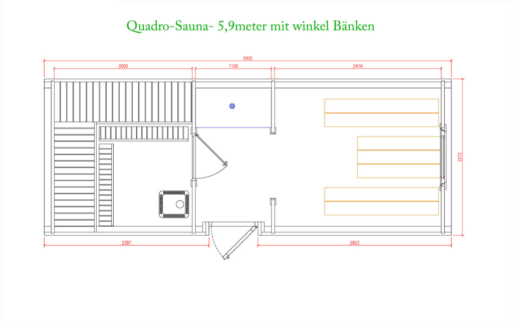 Quadro Sauna aus Kieferholz 6 meter