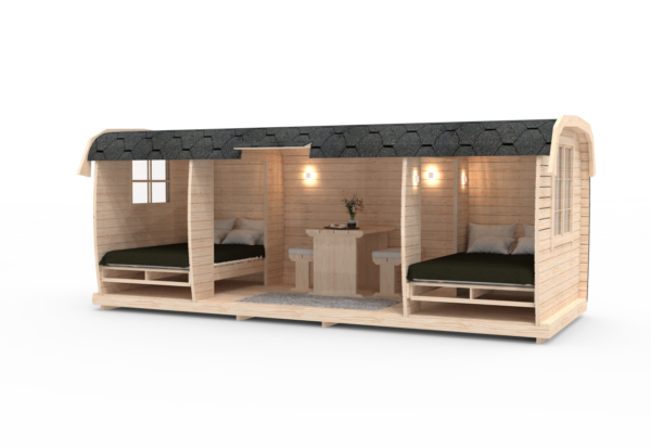 Camping Schäferhütte 5,9m mit einem Seiteneingang Innenraum eingerichtet Frontansicht